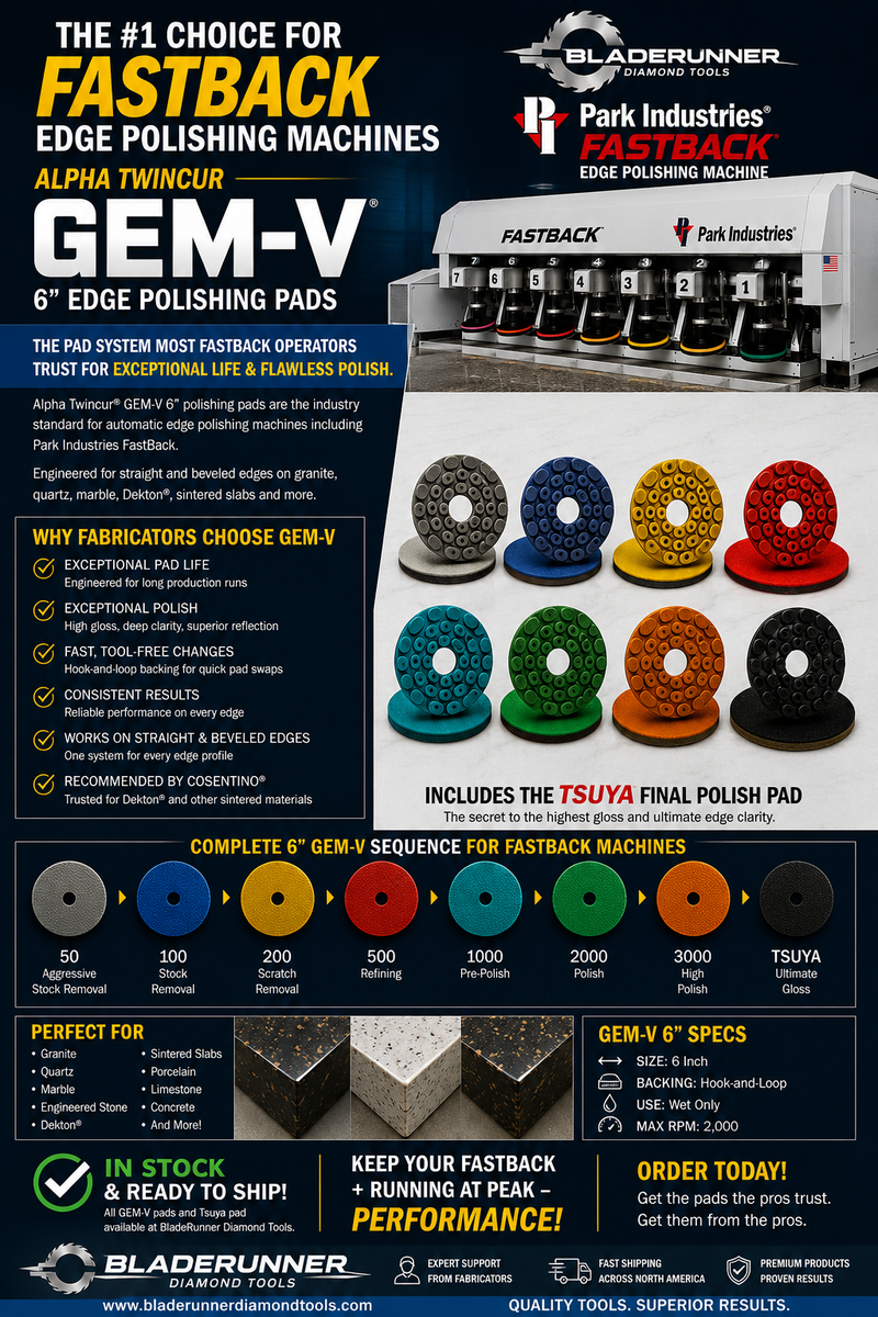 The leading industry polishing pad for countertop edge machines:  The Alpha Twincur GEM-V 6" Polishing Pads