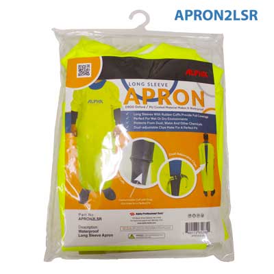 Alpha Tools waterproof long-sleeved protective apron showing durable fabric and adjustable straps for work safety. 2