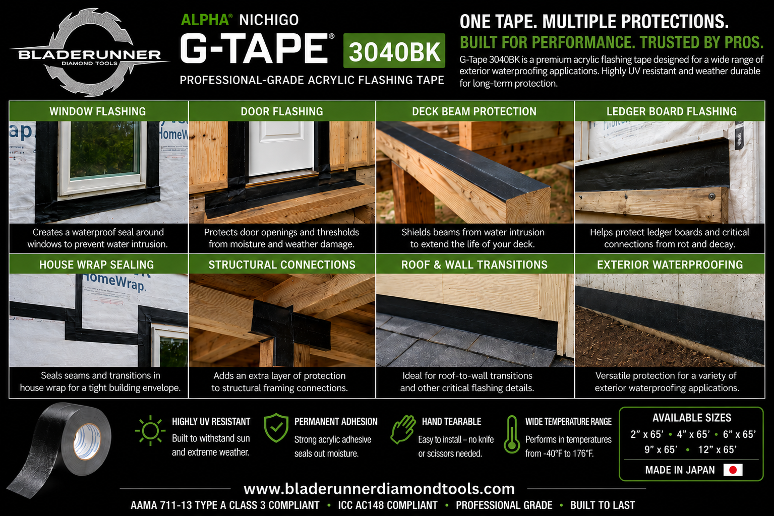 Alpha Nichigo G-Tape 3040BK Acrylic Flashing Tape | Waterproof Deck Beam, Window & Door Installation Tape 3
