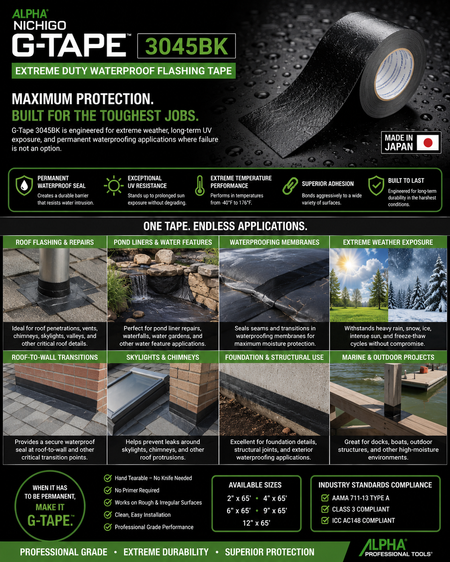 Alpha Nichigo G-Tape 3045BK waterproof, UV-resistant roofing and flashing masking tape by Alpha Tools, designed for permanent sealing.