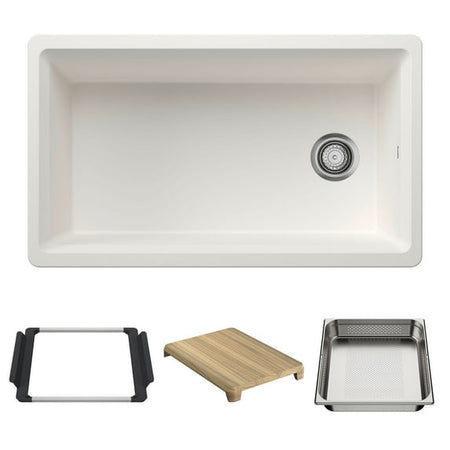 White kitchen sink with accessories including a cutting board, tray, and frame on a white background.