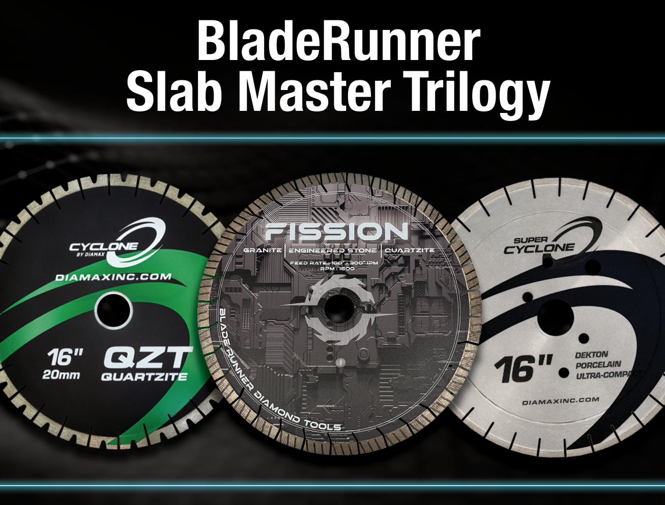 Three diamond blades with brand names on a black background, featuring promotional text.