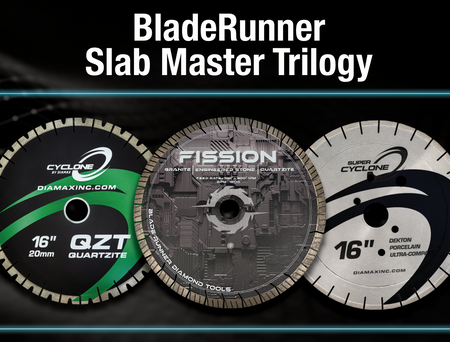 Three diamond blades with brand names on a black background, featuring promotional text.