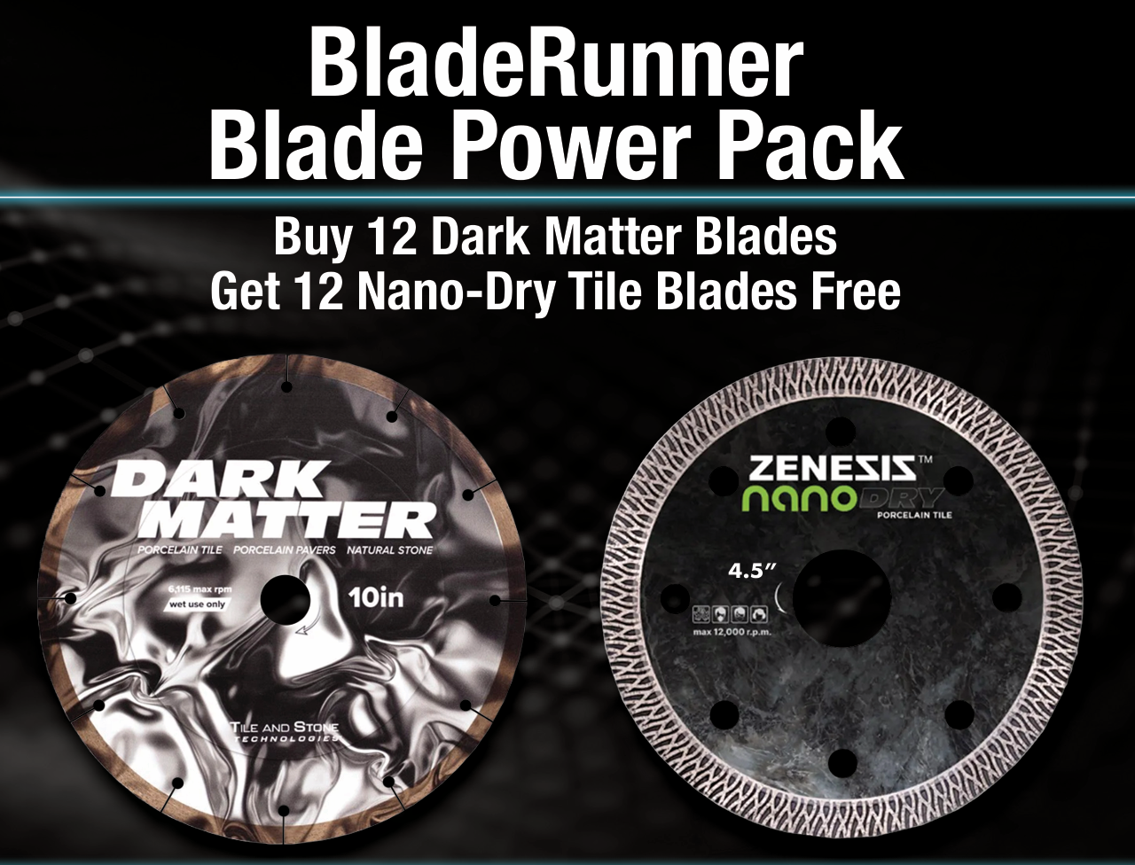 Advertisement for BladeRunner Blade Power Pack with 'Dark Matter' and 'Zenesis nano' blades on a dark background.