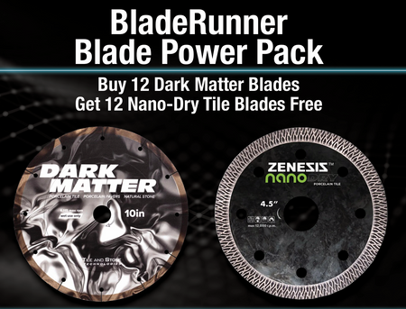 Advertisement for BladeRunner Blade Power Pack with 'Dark Matter' and 'Zenesis nano' blades on a dark background.