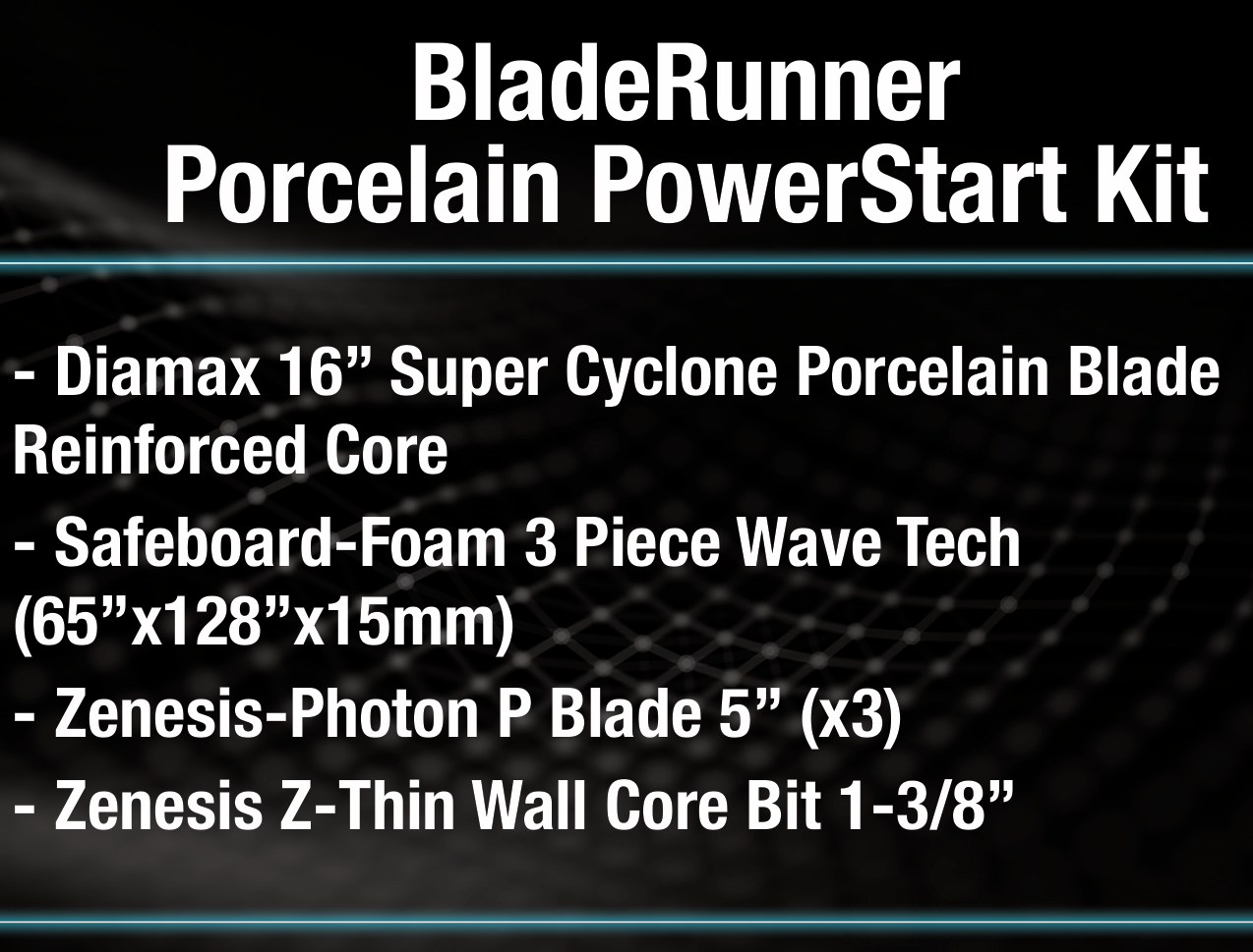 Advertisement for BladeRunner Porcelain PowerStart Kit with product details and pricing on a dark background.