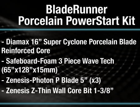 Advertisement for BladeRunner Porcelain PowerStart Kit with product details and pricing on a dark background.