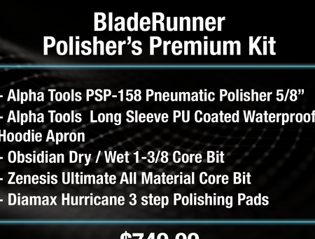 Advertisement for BladeRunner Polisher's Premium Kit with list of included items and pricing.