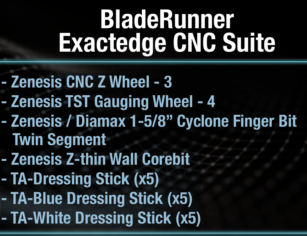 Advertisement for BladeRunner Exactedge CNC Suite with product list and pricing on a dark background.