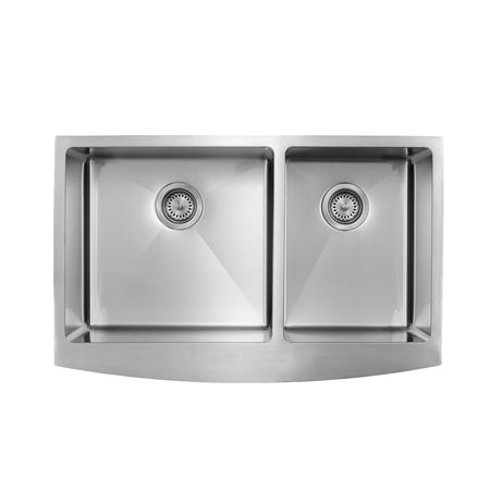 Master Chef- Toulouse Stainless Steel Apron Front Double Bowl 33x21x10 15 G SQUARE NON RADIAL CORNERS 1