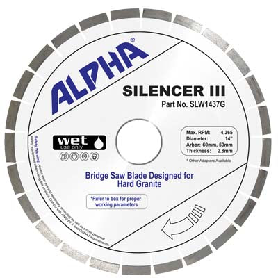 Alpha Tools Silencer III 14-inch diamond blade for hard granite, with 14 to 18-inch cutting capacity, shown in use.