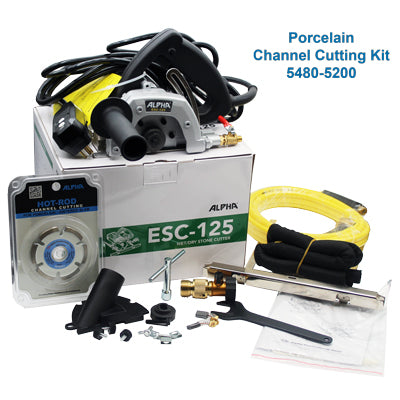 Alpha Tools porcelain channel cutting kit for stone fabrication, includes tools for precise cutting of porcelain tiles.