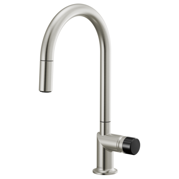 Brizo 63075LF single handle bathroom faucet with black crystal knob handle, stainless steel finish, and modern design.