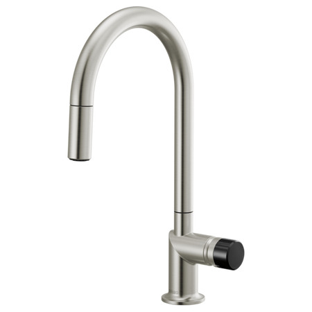 Brizo 63075LF single handle bathroom faucet with black crystal knob handle, stainless steel finish, and modern design.