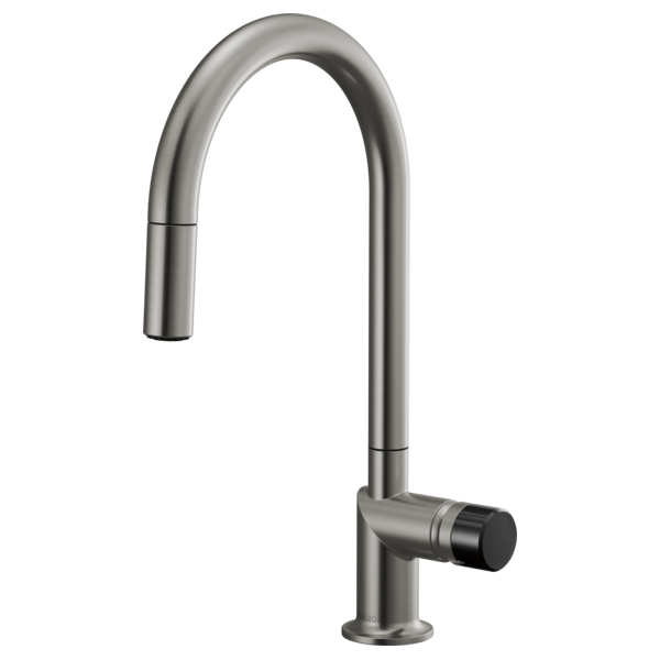 Brizo 63075LF single handle bathroom faucet with black crystal knob handle, stainless steel finish, sleek and modern design