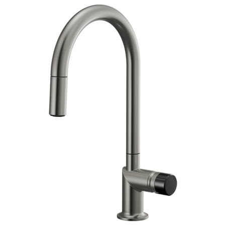 Brizo 63075LF single handle bathroom faucet with black crystal knob handle, stainless steel finish, sleek and modern design