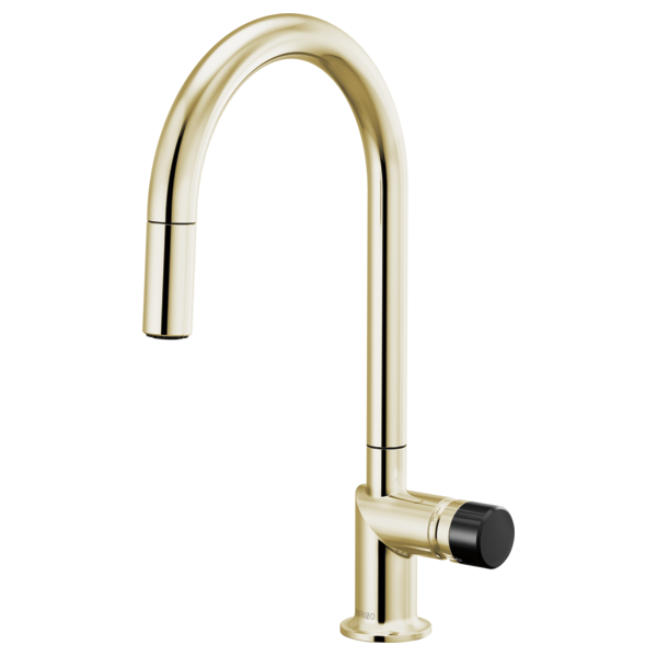 Brizo 63075LF single handle bathroom faucet with black crystal knob handle, stainless steel finish, modern bathroom fixture