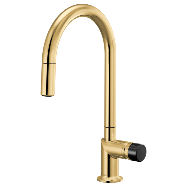 Brizo 63075LF single handle bathroom faucet with black crystal knob handle, stainless steel finish, modern and sleek design.