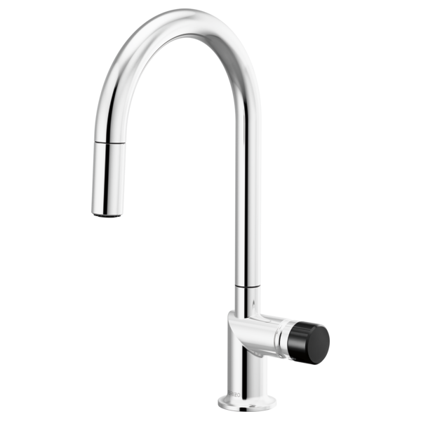 Brizo 63075LF single handle bathroom faucet with black crystal knob handle kit and stainless steel finish.