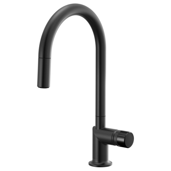 Brizo 63075LF single handle bathroom faucet with black crystal knob handle, stainless steel finish and modern design.