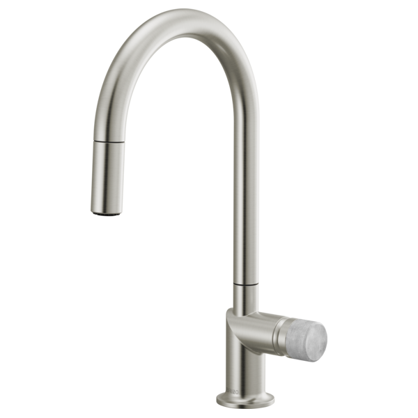 Brizo 63075LF single handle bathroom faucet with stainless steel finish and concrete knob handle kit, shown installed in a bathroom sink.