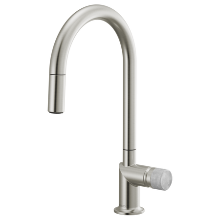 Brizo 63075LF single handle bathroom faucet with stainless steel finish and concrete knob handle kit, shown installed in a bathroom sink.