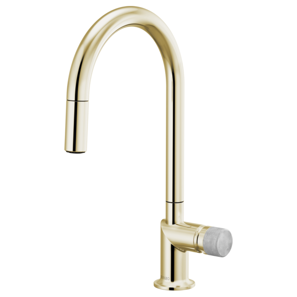 Brizo 63075LF single handle bathroom faucet with concrete knob handle kit in stainless steel finish.