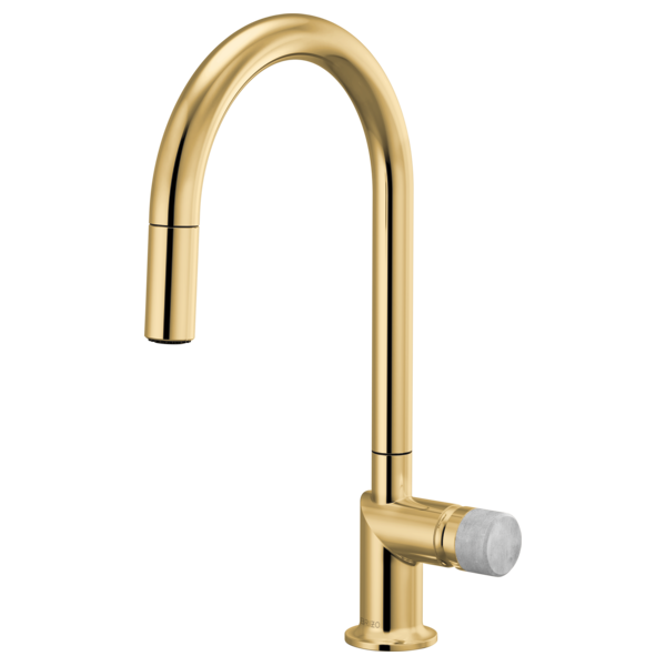Brizo 63075LF single handle bathroom faucet with stainless steel finish and concrete knob handle kit, mounted on a bathroom sink.