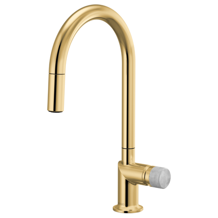 Brizo 63075LF single handle bathroom faucet with stainless steel finish and concrete knob handle kit, mounted on a bathroom sink.