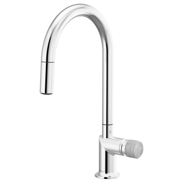 Brizo 63075LF single handle bathroom faucet with concrete knob handle, stainless steel finish, and sleek modern design.