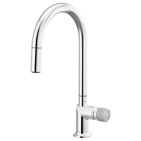 Brizo 63075LF single handle bathroom faucet with concrete knob handle, stainless steel finish, and sleek modern design.