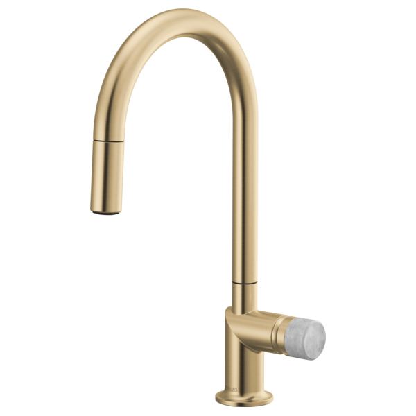 Brizo 63075LF single handle bathroom faucet with stainless steel finish and concrete knob handle kit, mounted on a bathroom sink.