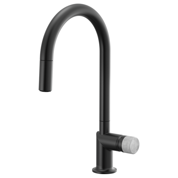 Brizo 63075LF single handle bathroom faucet with concrete knob handle, stainless steel finish and modern design.
