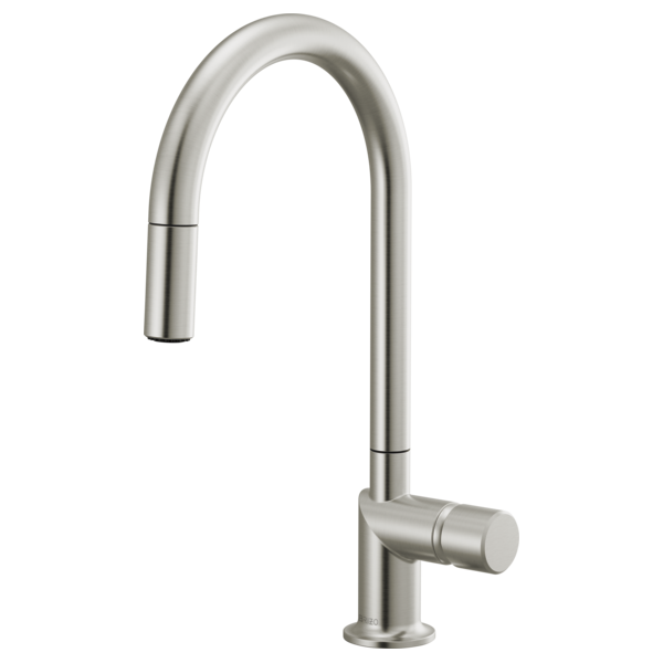 Brizo 63075LF stainless steel single handle bathroom faucet with metal knob handle kit installed on a bathroom sink.