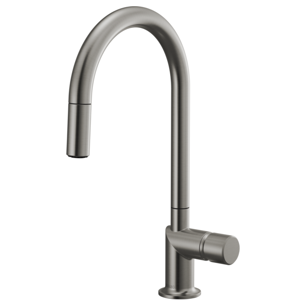 Brizo 63075LF stainless steel single handle bathroom faucet with metal knob handle kit installed on a sink.