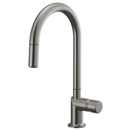 Brizo 63075LF stainless steel single handle bathroom faucet with metal knob handle kit installed on a sink.