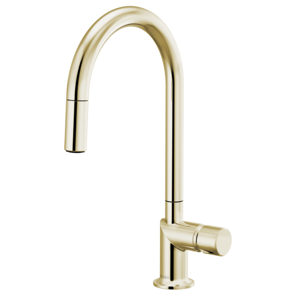 Brizo 63075LF stainless steel single handle bathroom faucet with metal knob handle kit installed on a modern bathroom sink.
