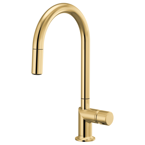 Brizo 63075LF stainless steel single handle bathroom faucet with metal knob handle kit, shown installed on a bathroom sink.