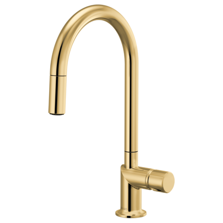 Brizo 63075LF stainless steel single handle bathroom faucet with metal knob handle kit, shown installed on a bathroom sink.