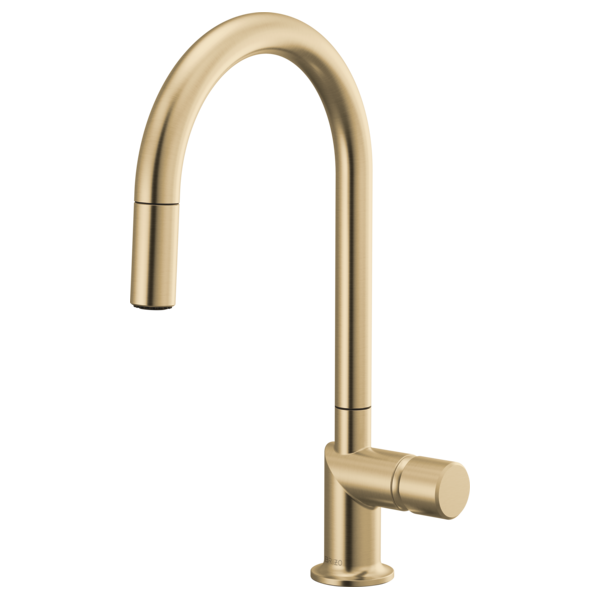 Brizo 63075LF single handle bathroom faucet with stainless steel finish and metal knob handle kit, mounted on a bathroom sink.