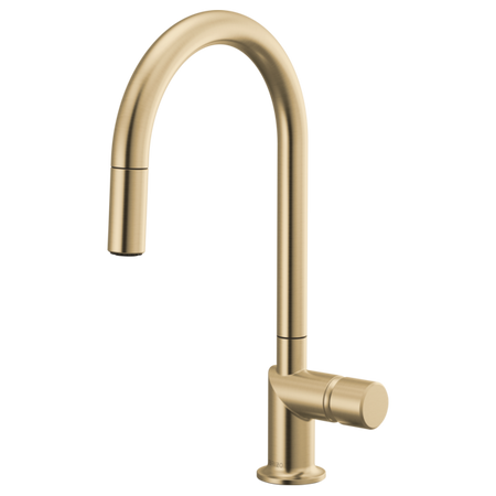 Brizo 63075LF single handle bathroom faucet with stainless steel finish and metal knob handle kit, mounted on a bathroom sink.