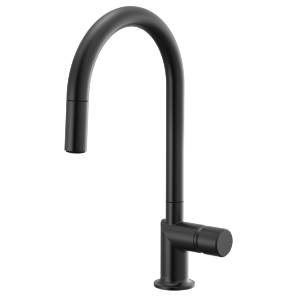 Brizo 63075LF stainless steel single handle bathroom faucet with metal knob handle kit installed on a sink.