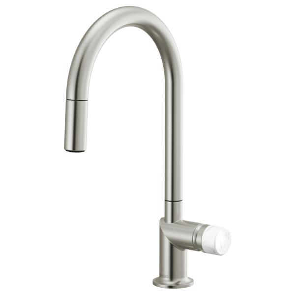 Brizo 63075LF single handle bathroom faucet with stainless steel finish and white marble knob handle kit, modern and sleek design