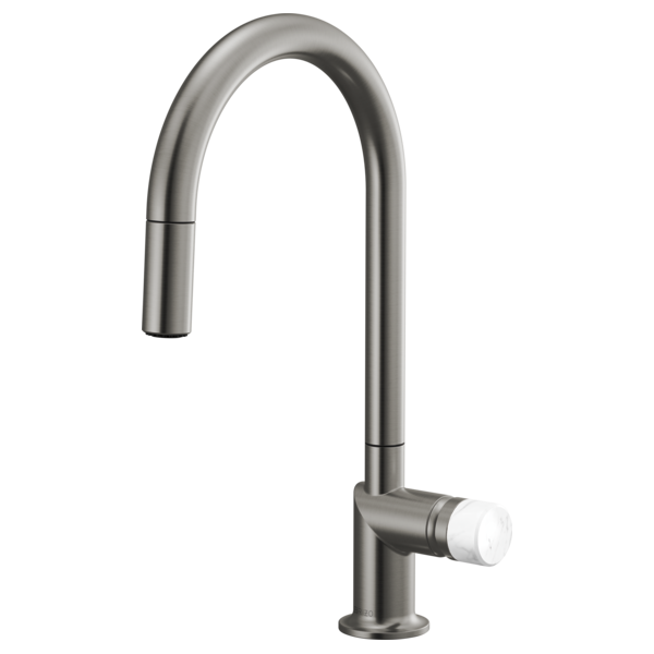 Brizo 63075LF stainless steel single handle bathroom faucet with white marble knob handle kit, modern and stylish design.