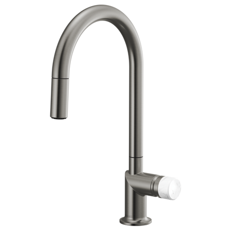 Brizo 63075LF stainless steel single handle bathroom faucet with white marble knob handle kit, modern and stylish design.