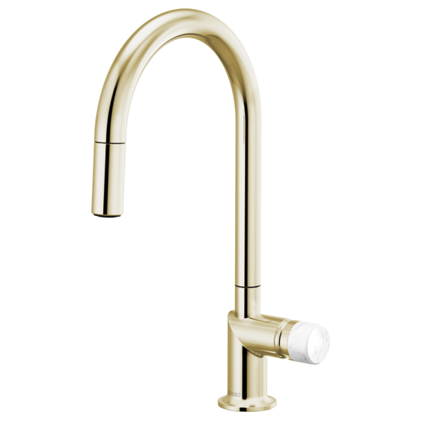 Brizo 63075LF single handle bathroom faucet with stainless steel finish and white marble knob handle kit.