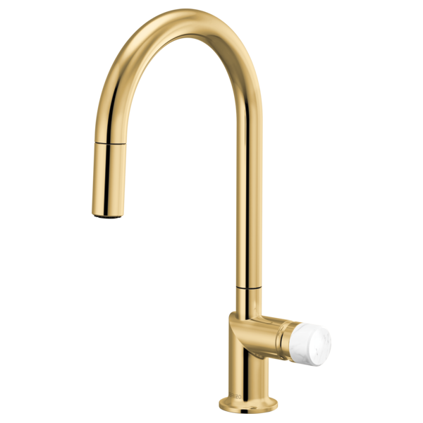 Brizo 63075LF single handle bathroom faucet with stainless steel finish and white marble knob handle kit, modern and stylish design