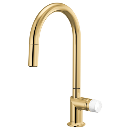 Brizo 63075LF single handle bathroom faucet with stainless steel finish and white marble knob handle kit, modern and stylish design