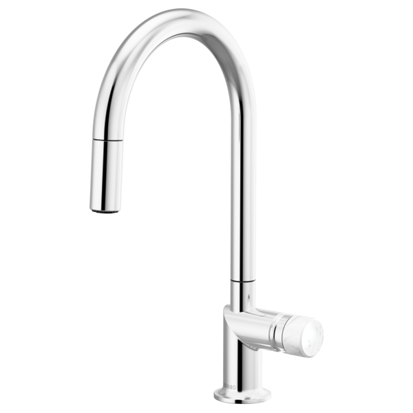 Brizo 63075LF stainless steel single handle bathroom faucet with white marble knob handle kit, modern bathroom fixture.