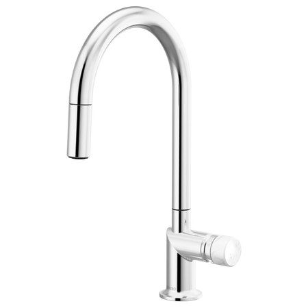 Brizo 63075LF stainless steel single handle bathroom faucet with white marble knob handle kit, modern bathroom fixture.